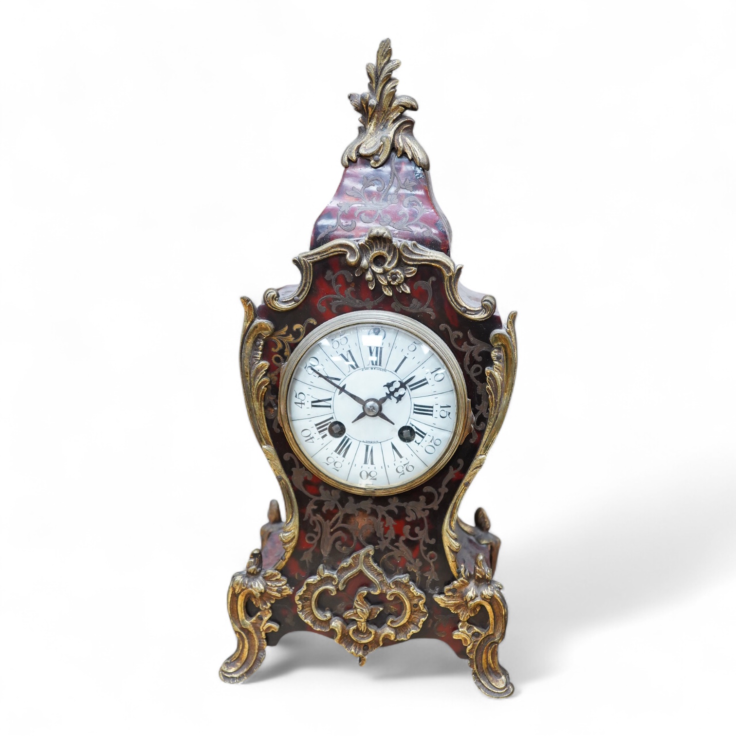 A late 19th century gilt metal mounted Boulle work mantel clock, J. W. Benson, London, with pendulum and key, 36cm high